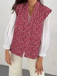 HH Autumn Winter Women Print Waistcoat Loose Casual V Neck Sleeveless Open Front Vest 2024 Female Fashion Streetwear Top