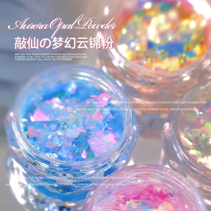 1Jar Aurora Mermaid Opal Flakes Nail Glitter Holographic Iridescent Rub Dust Opal Powder Shiny Chameleon Flakes Nails Decoration