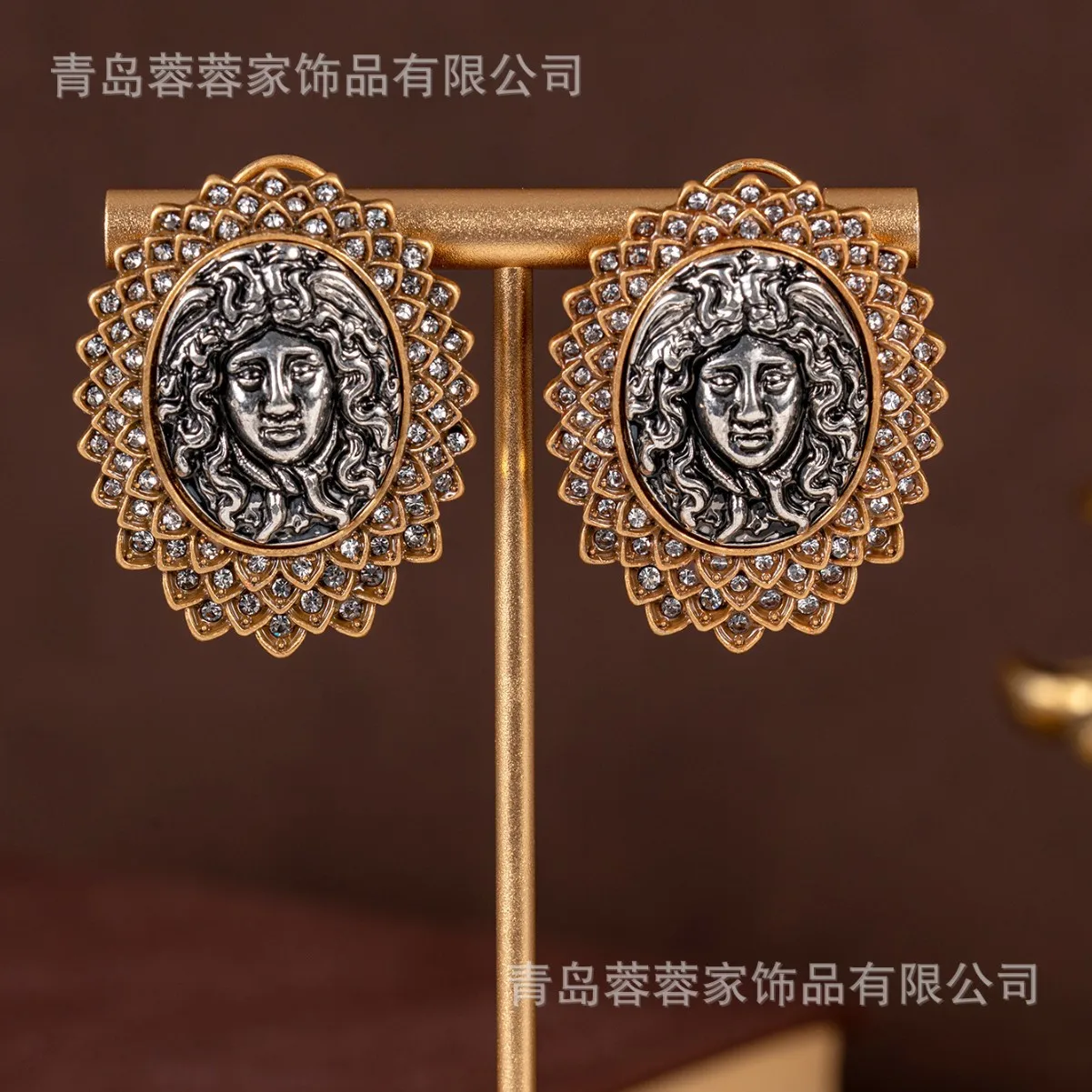 Retro embossed earrings  geometric inlaid zircons temperament carving copper ear stud