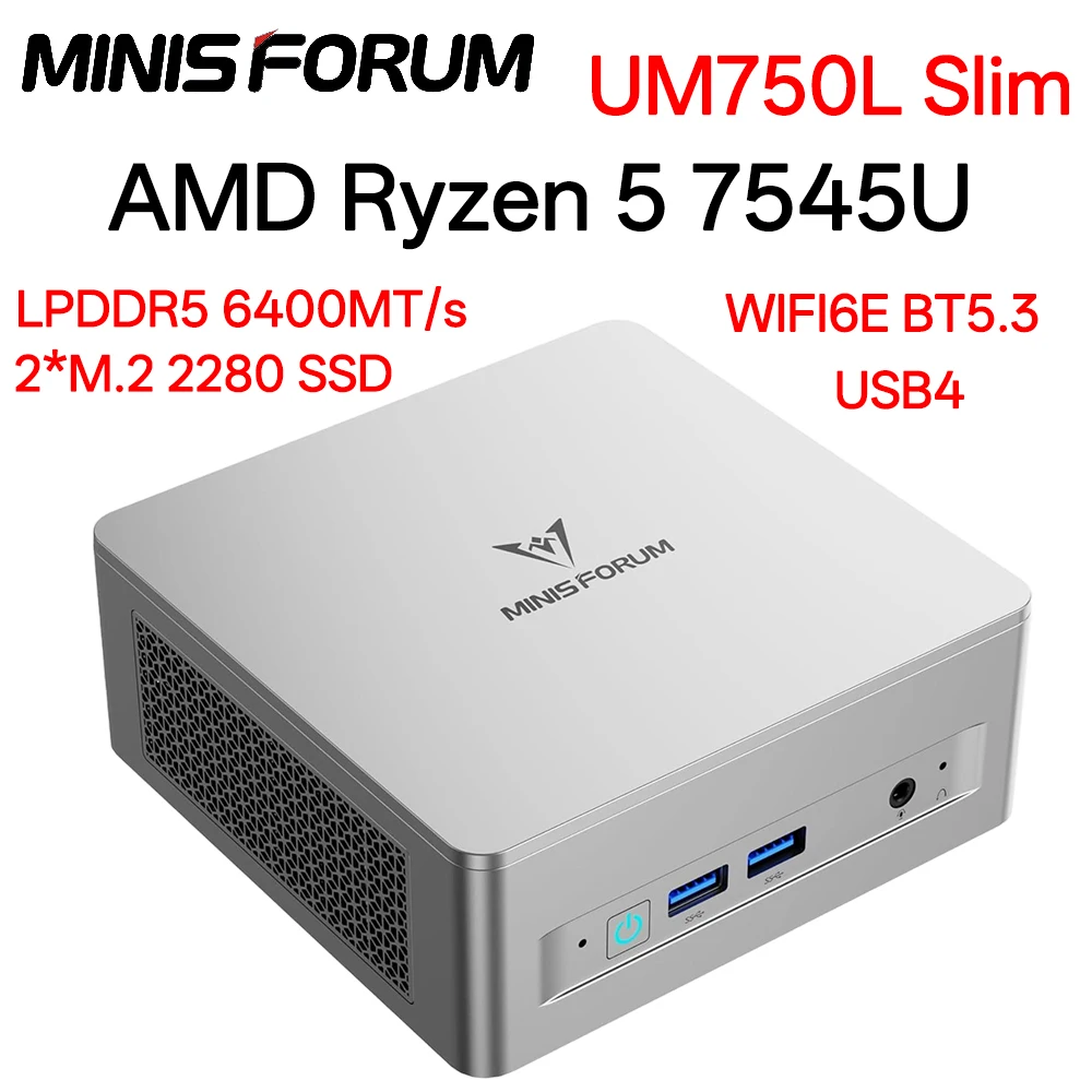 MINISFORUM UM750L Slim AMD Ryzen 5 7545U Mini PC Windows 11 Pro LPDDR5 6400MT/s 16GB M.2 2280 SSD WiFi6E BT5.3 Computadora para Juegos