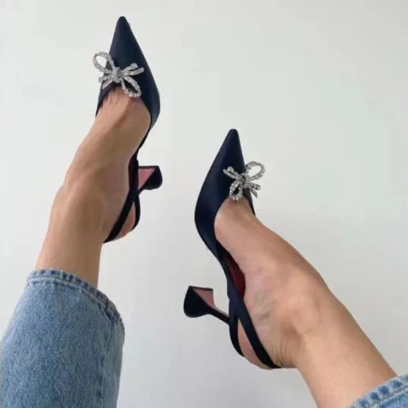 2025 Summer New Stiletto Heel Pointed Toe Strap High-Heeled Sandals Women\'s Rhinestone Bow Pumps