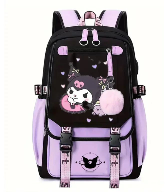 MINISO  Purple Kuromi Backpack Junior High School Students School Bags capacity Casual Laptop Patchwork Students Mochilas