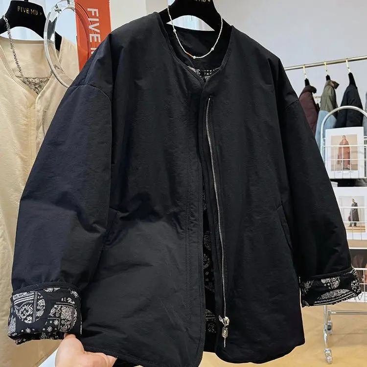 2026 European Autumn/Winter Fashion New Women's Cotton Jacket Round Neck Splicing Printed Oversized Jacket