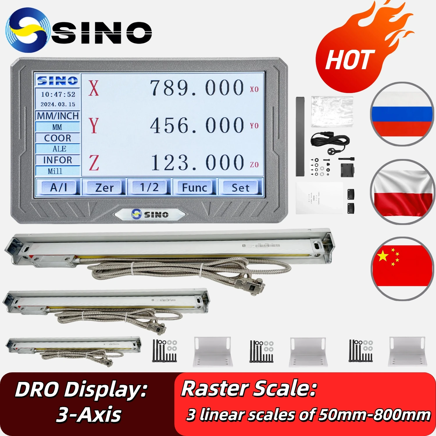 High Accuracy 3 AxisTouch LCD DRO Digital Readout and 3pcs 1um or5um Linear Scale Encoder Sensor Ruler for Milling Lathe Turning