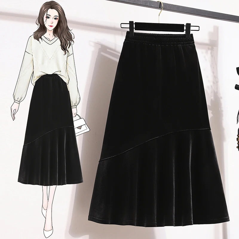

Autumn Winter Mid Length Black Skirts Women Elegant Fahsion Elastic Waist Casual Korean A Line Velvet Harajuku Midi Skirt