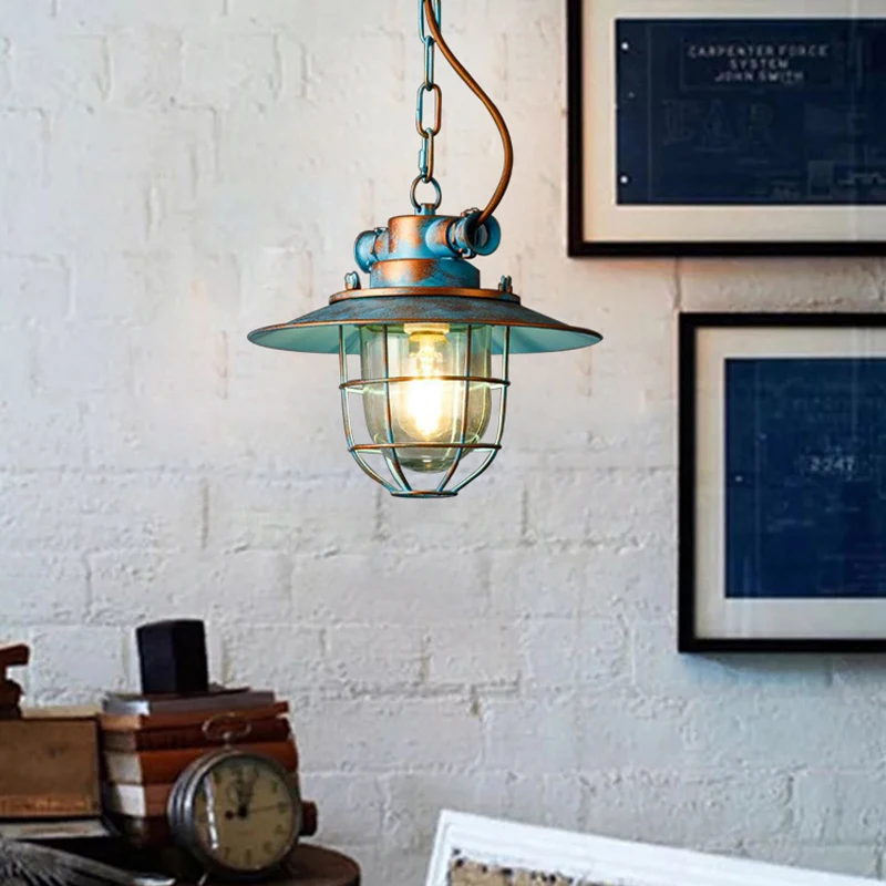 Vintage Glass Chandelier Loft American Waterproof Pendant Lamp Chain Metal Cage Retro Industrial Kitchen Droplight view 4