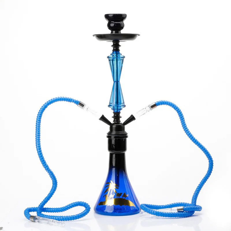 Hookah Set Complete 2‑Hose Shisha Hookah Set Blue Glass Shisha Hookah Kit with Camel Pattern for Home Bar Party Lounge