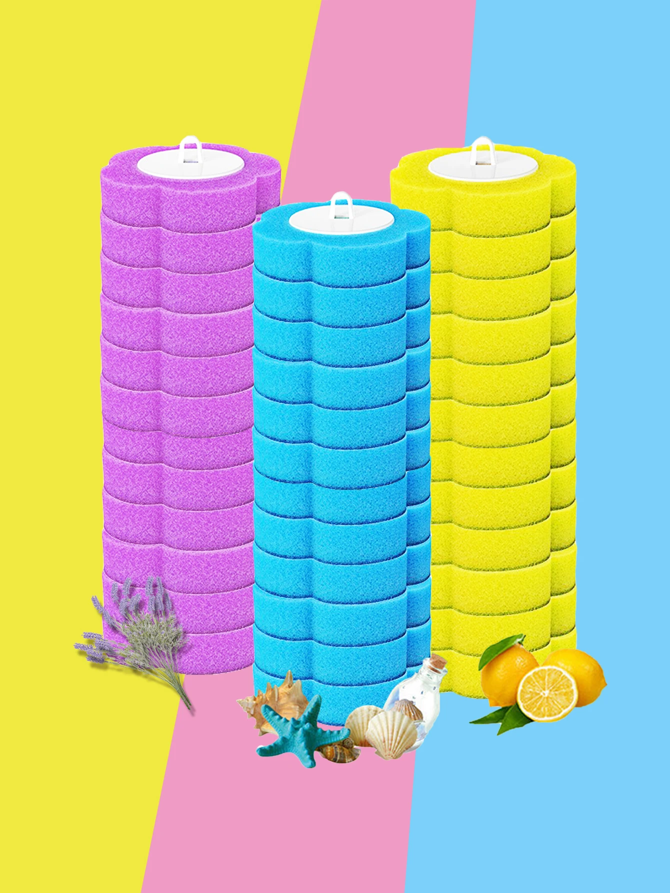 Disposable Toilet Brush Heads Pack Of 3: Yellow (Lemon Scent), Blue (Ocean Scent), Purple (Lavender Scent)