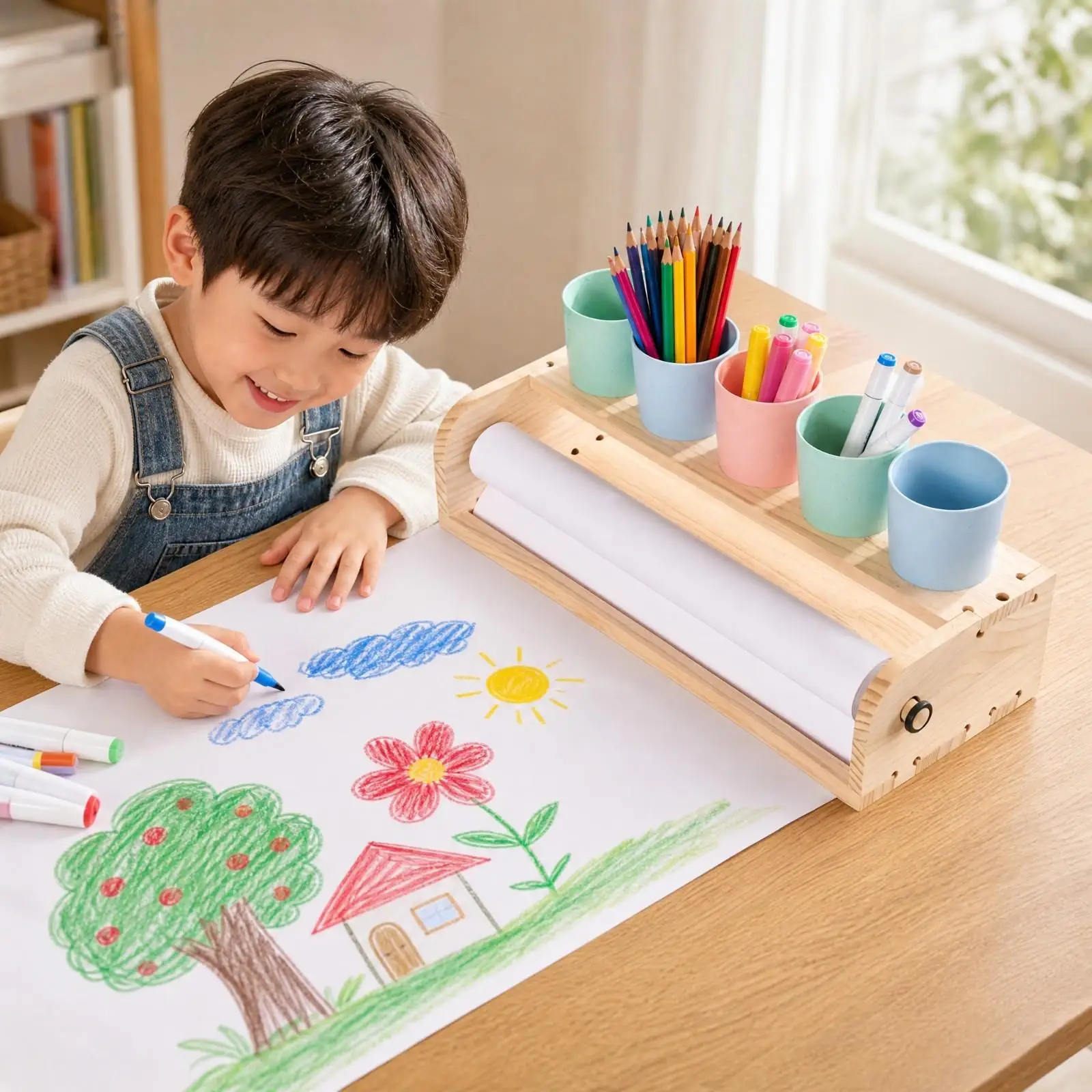 Pine Wood Kids Drawing Easel Tabletop Art Station with Roll Paper Holder Paint Cups for School Craft Area Creativity