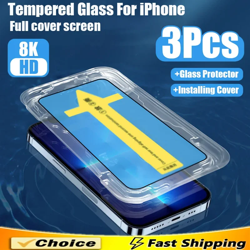 

3Pcs 8K High End Easy Installation Tempered Glass For iPhone 16 13 12 11 14 15 Pro Max Mini XR X XS 16 Plus HD Screen Protector