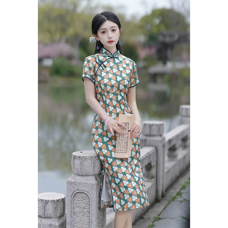 

Vintage Young Girl Silk Linen Chinese Qipao Spring Mandarin Collar Printed Short Sleeve Cheongsam Dress