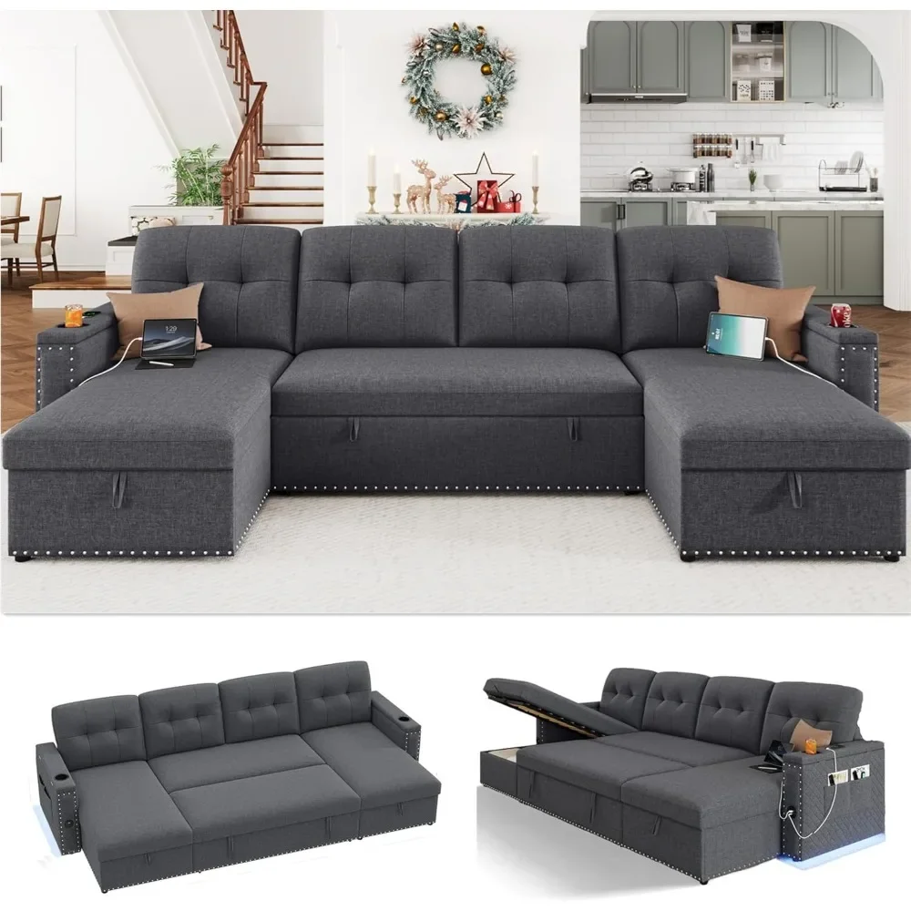 

106" Sectional Couches for Living Room- Pull Out Sleeper Sofa Couch w/Storage Chaise,Storage Armrest,LED Light&USB Port