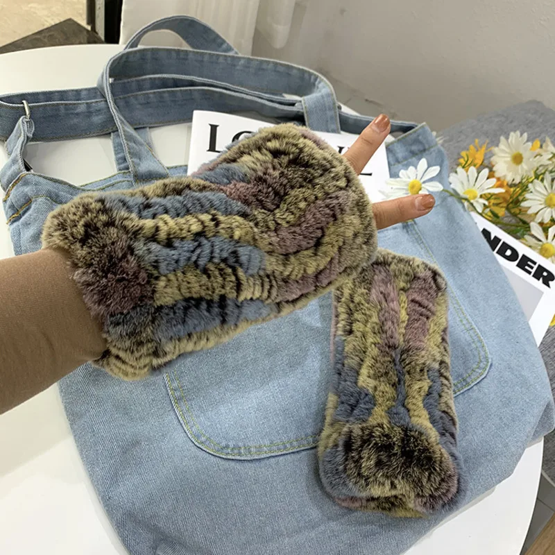 Real Rex Rabbit Fur Gloves Natural Fur Elastic Fingerless Gloves Wrist Warmer Fluffy Fur Knitted Mittens Outdoor Fur Gloves