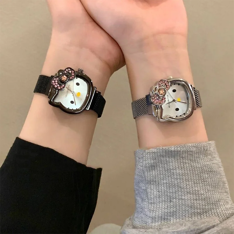 Sanrio Hello Kitty Diamond Watch Cat Bow Kawaii Pink Ladies Gold Sliver Metal Jewelry Cartoon Magnetic Watch Girlfriend Birthday