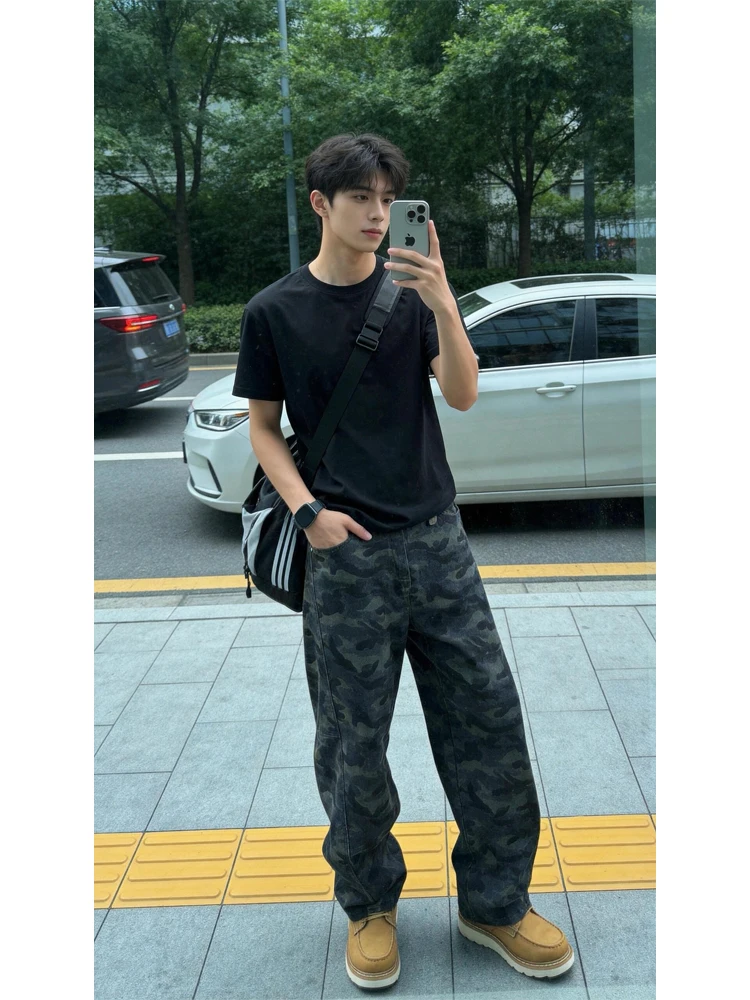 

American Retro Camouflage Loose Leggings Men's Spring Trendy High Street Straight Wide Leg Jeans Knife Youth ular