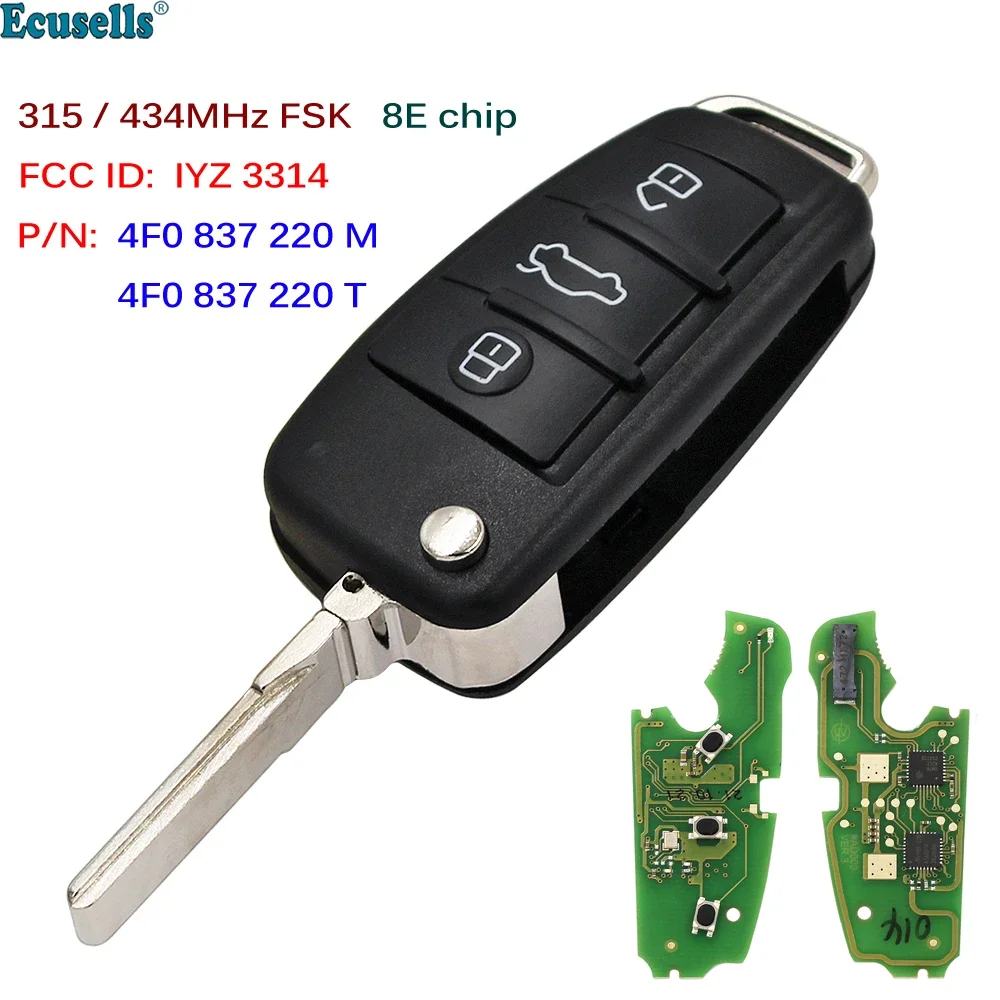 

Ecusells 3B Flip Remote Car Key Fob Control FSK 315/434MHz 8E Chip for Audi A6 S6 Q7 2004-2015 IYZ 3314 4F0837220M 4F0837220T