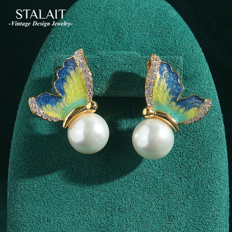 

Vintage Butterfly Earrings Studs Pearl Orchid Blue Enamel Women Charms Luxury Jewelry Designer High Quality Party Accessories