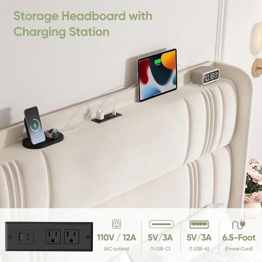 إطار سرير كوين مع لوح رأسي طويل 52 إطار سرير بمنصة منجدة مع محطة شحن إطارات سرير مخملية فاخرة منحنية #4