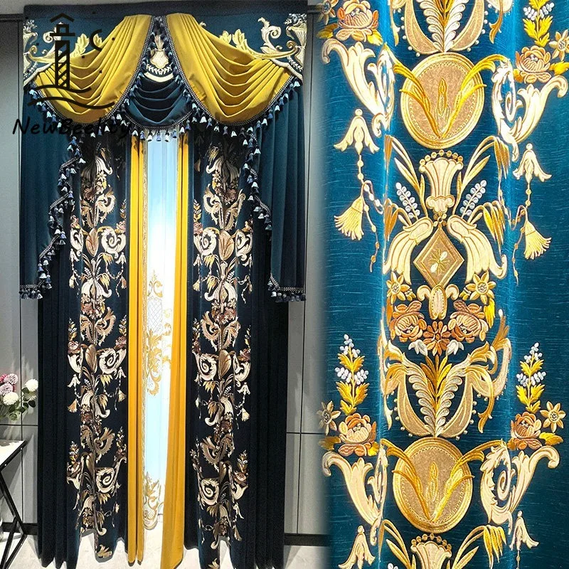 

Новые роскошные бархатные шторы с вышивкой на высоком потолке для гостиной, столовой, спальни, виллы, американские, европейские, ретро, индивидуальный размер