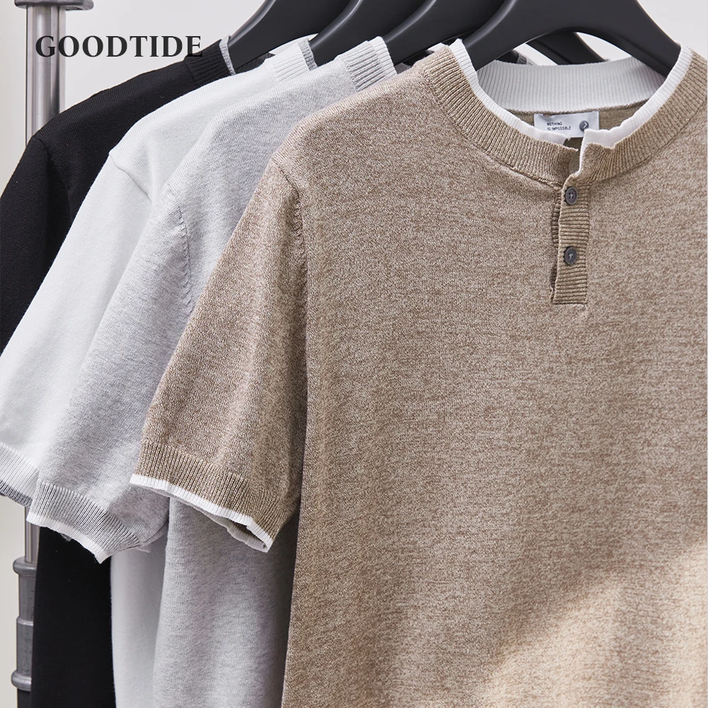

Men's Henry Collar Knitted Short Sleeve T-Shirt Summer Fashion Loose Comfortable Solid Color Half Sleeve TShirt Top Men Clothing
