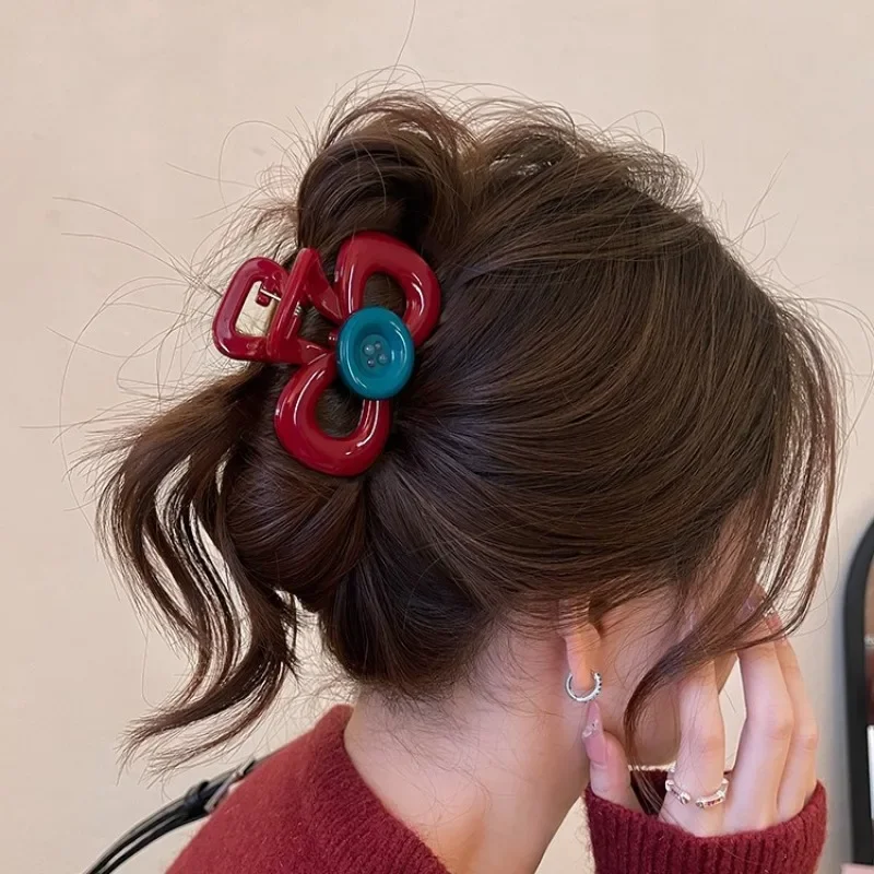 Rote Schleife Haarspange mit blauem Knopf, süße Haarspangen, Bonbonfarbene Haarnadel für Frauen und Mädchen, modischer Haarschmuck, Geburtstagsgeschenk