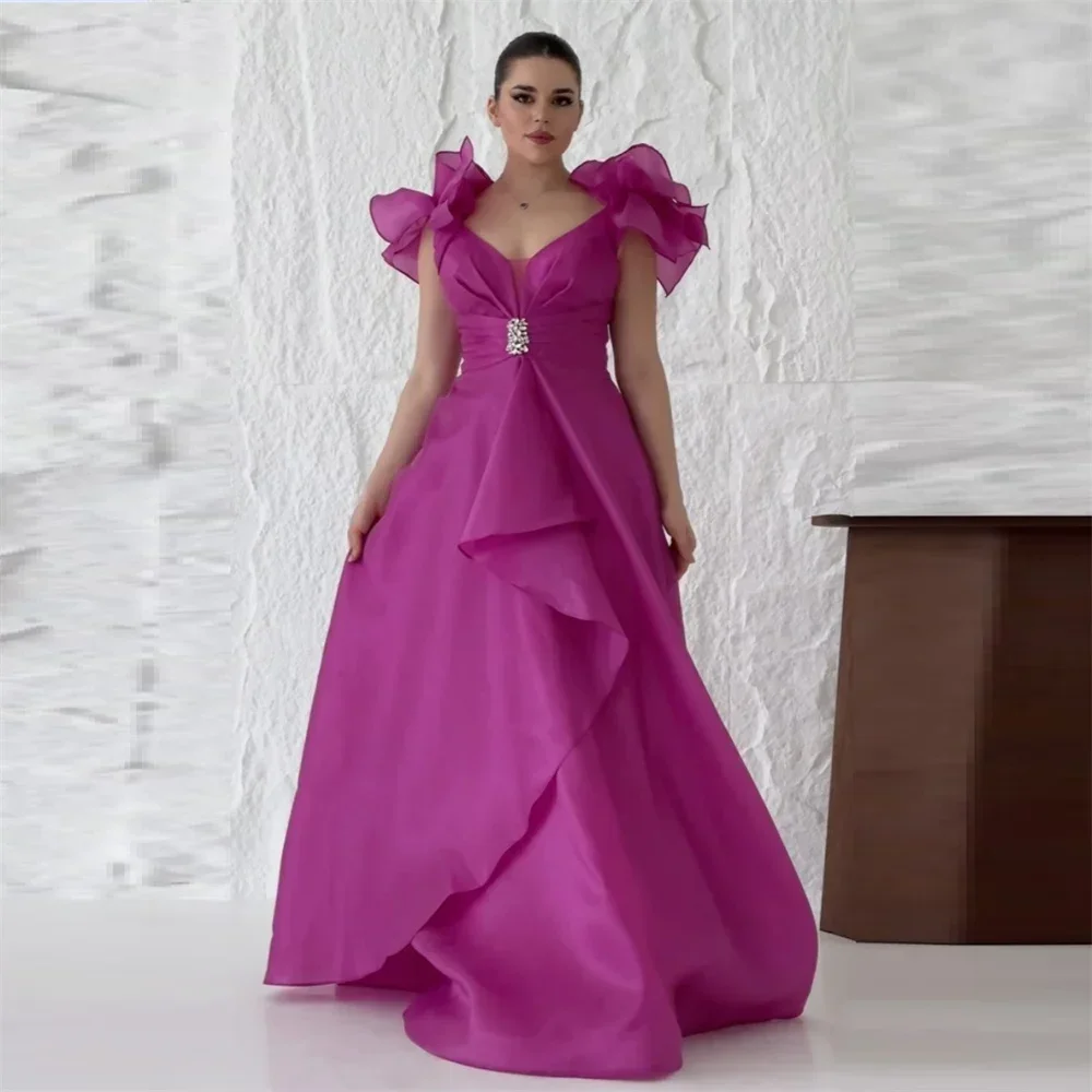 

Customized Prom Gown Formal Dearin V-neck A-line Floor Length Skirts Ruffle Bespoke Occasion Dresses Saudi Arabia Evening Dress