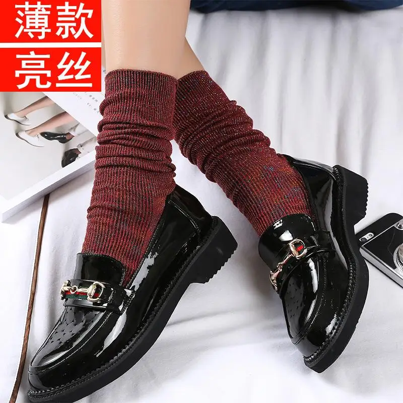 1 Pair Bright Silk Decorative Cotton Long Tube Socks Women Autumn Winter Retro Fashion All-Match Solid Color Stocking