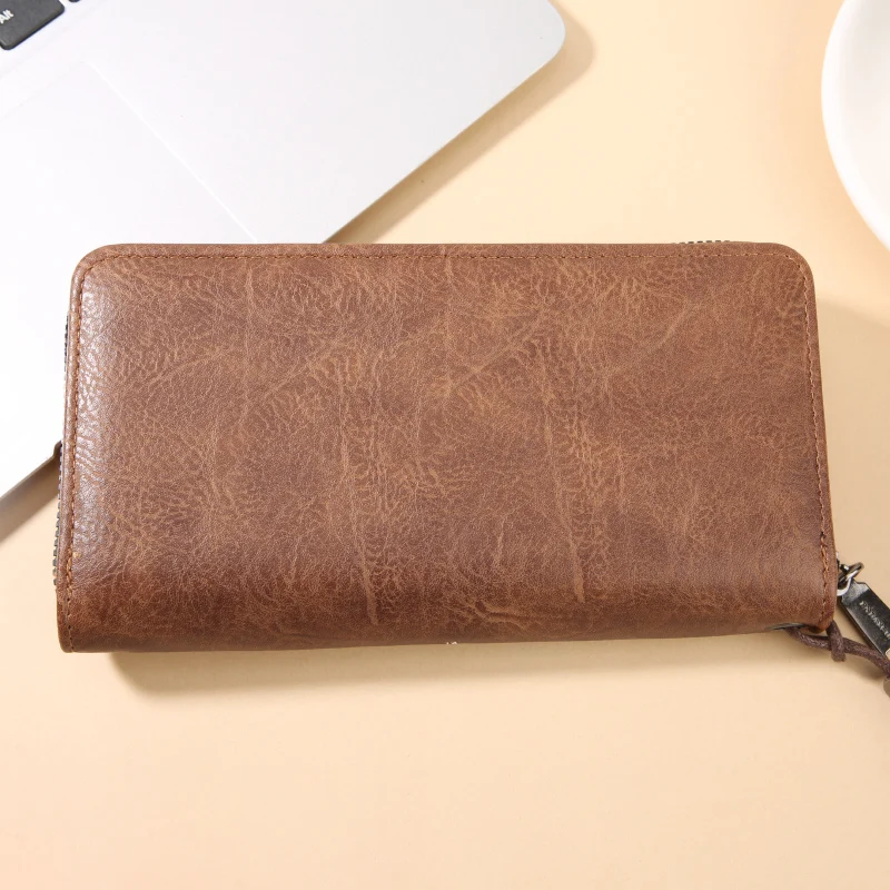 Men Long Zipper Wallet Large Capacity PU Leather Multi‑Card Slots Portable Phone Purse Wrist Strap Business Clutch Bag