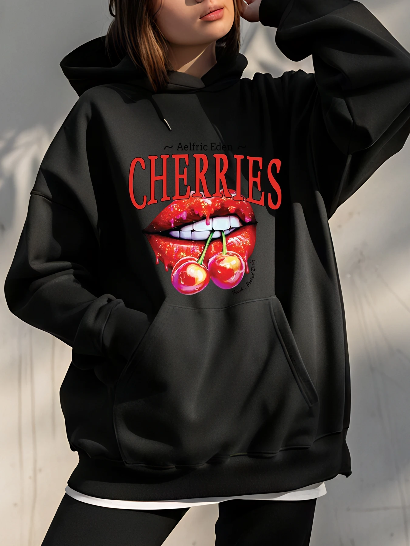 

Толстовка с принтом вишневых губ, женская повседневная толстовка большого размера, модная уличная одежда, пуловер с рисунком для молодежи и девочек