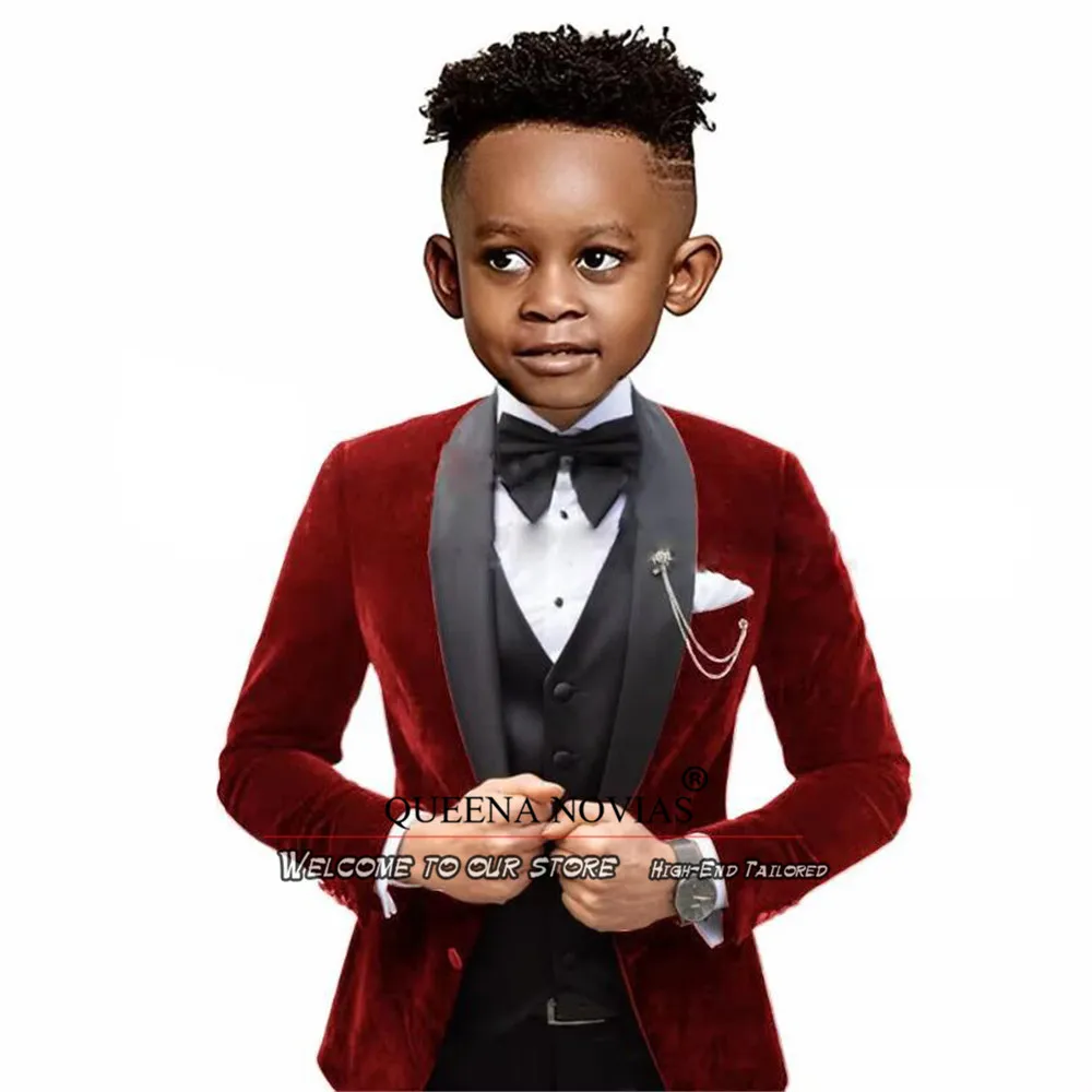 Boys' Attire Wedding Tuxedo Velvet Jacket Vest Pants 3 Piece Set Children Suit Formal Holiday Party Blazer Kids Outfit Clothing