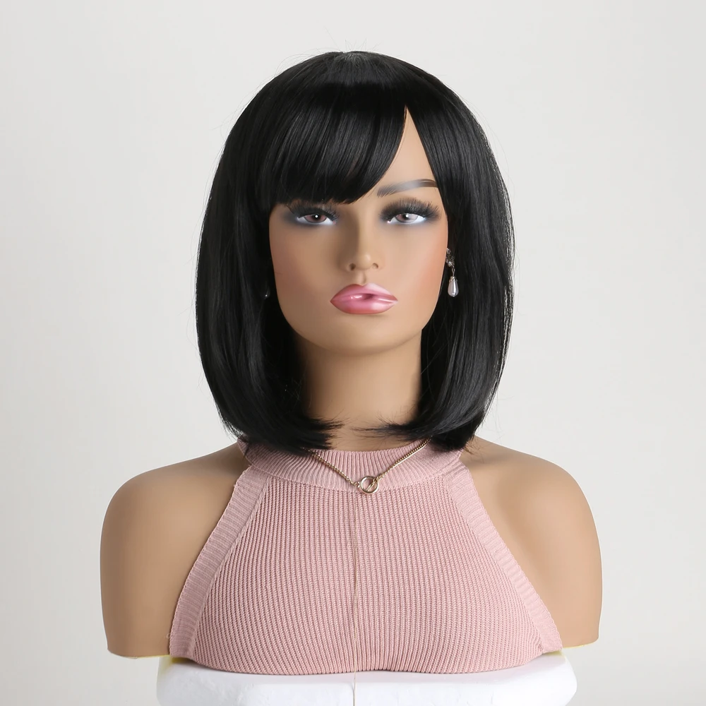 Short Straight Bob Wigs with Bangs Black Synthetic Straight Wigs Full Head Hair Neat Bangs Wigs Natural Looking for Daily Party