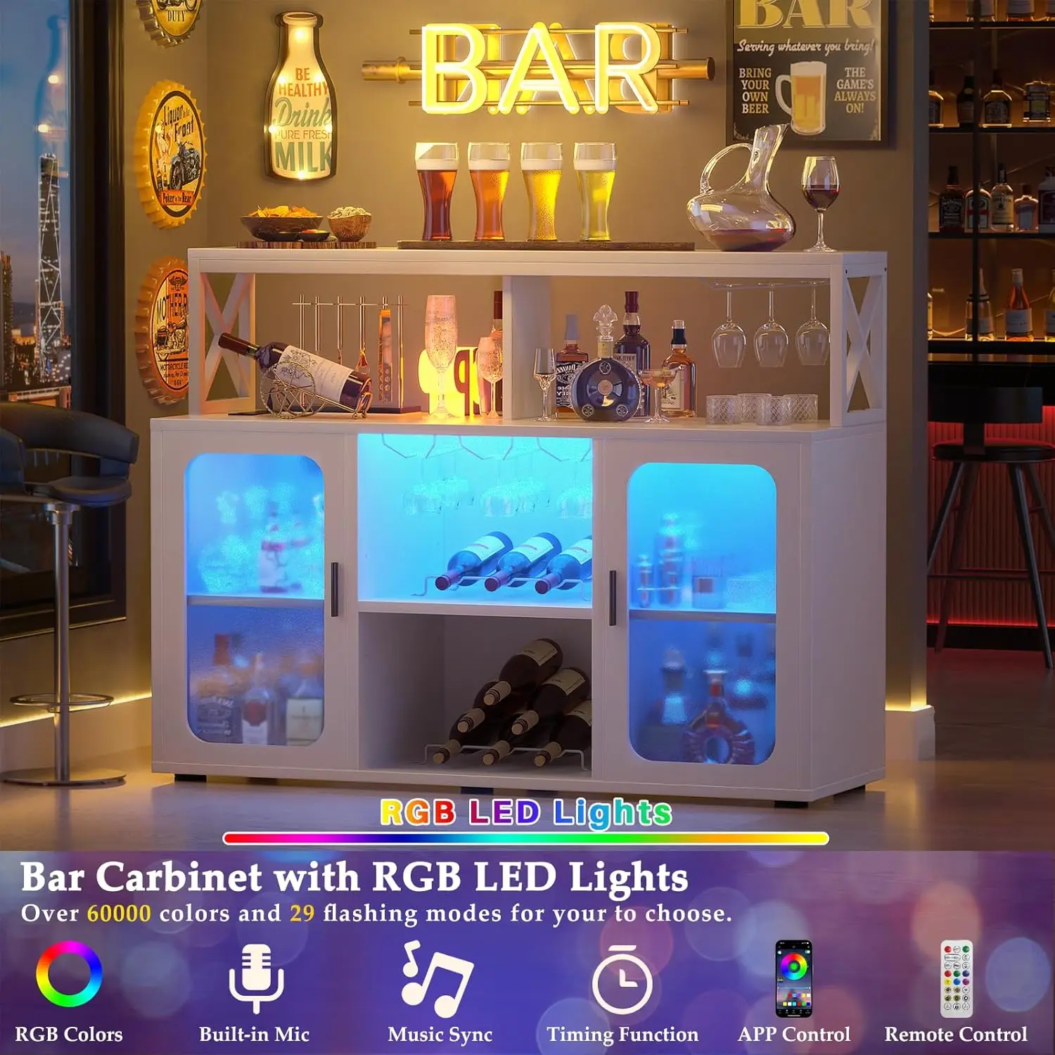 Bar Cabinet with Power Outlet LED Lights Glass Holders Storage Buffet Coffee Wine Racks Home Kitchen White, Customized