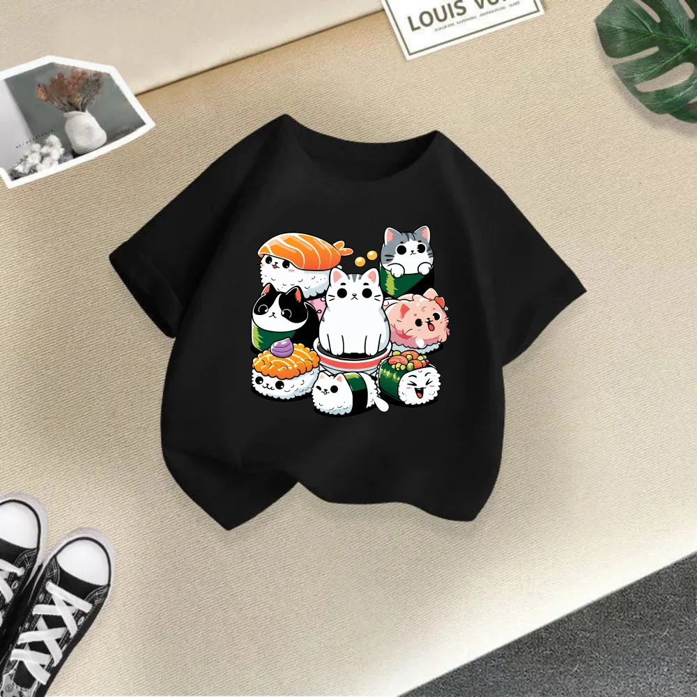 Cute Sushi cat Children Boy Girl T shirt 2026 New Summer Short Sleeve T-Shirt cartoon kidS casual SPORTS Tops