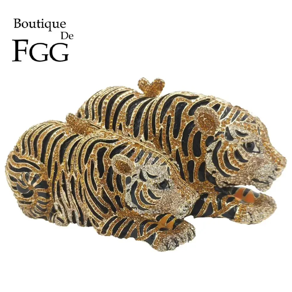 Boutique De FGG (w magazynie) kobiety złoty tygrys sprzęgło Minaudiere torby wieczorowe diamentowe wesele torebka torebka ślubna torba obiadowa na przyjęcie