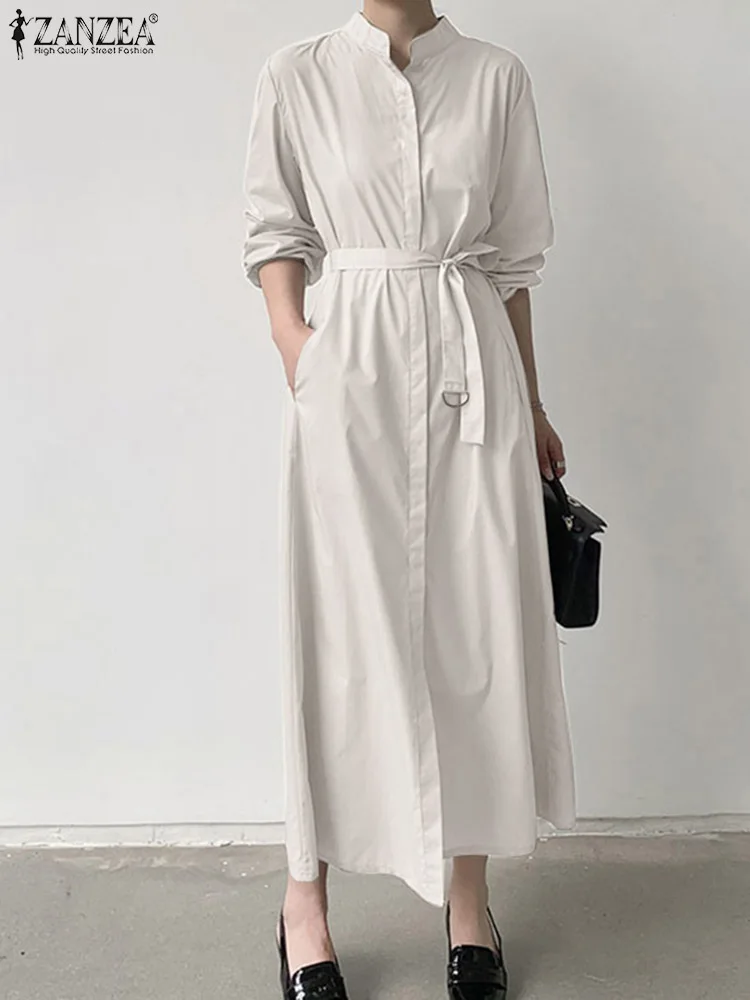 

Fashion Women OL Work Dress ZANZEA 2024 Spring Sundress Elegant Long Sleeve O Neck Vestidos Belted Robe Casual Solid Shirtdress