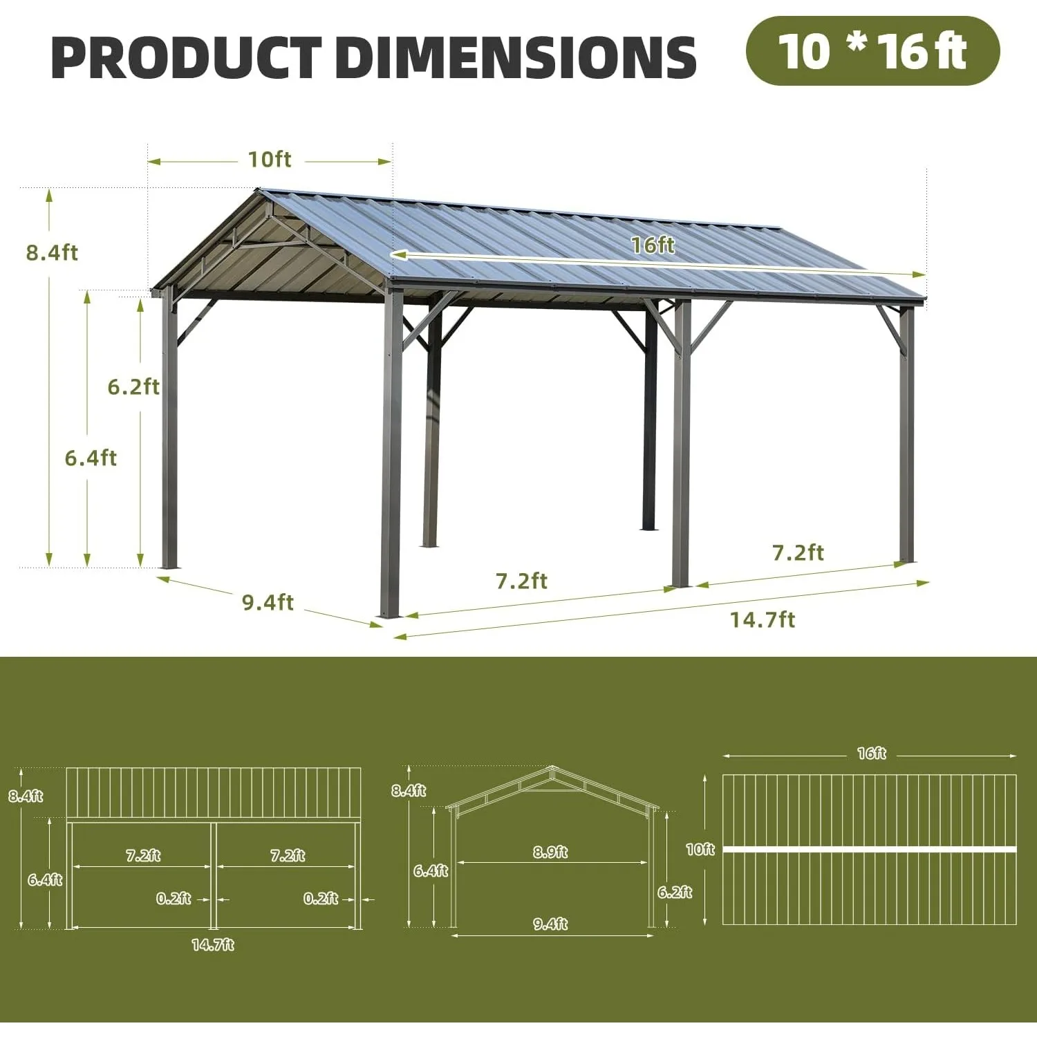 MELLCOM Metal Carport 10'x16' Heavy Duty Multi-Use Shelter with Powder-Coated Steel Roof and Frame Outdoor Carport Canopy Truck