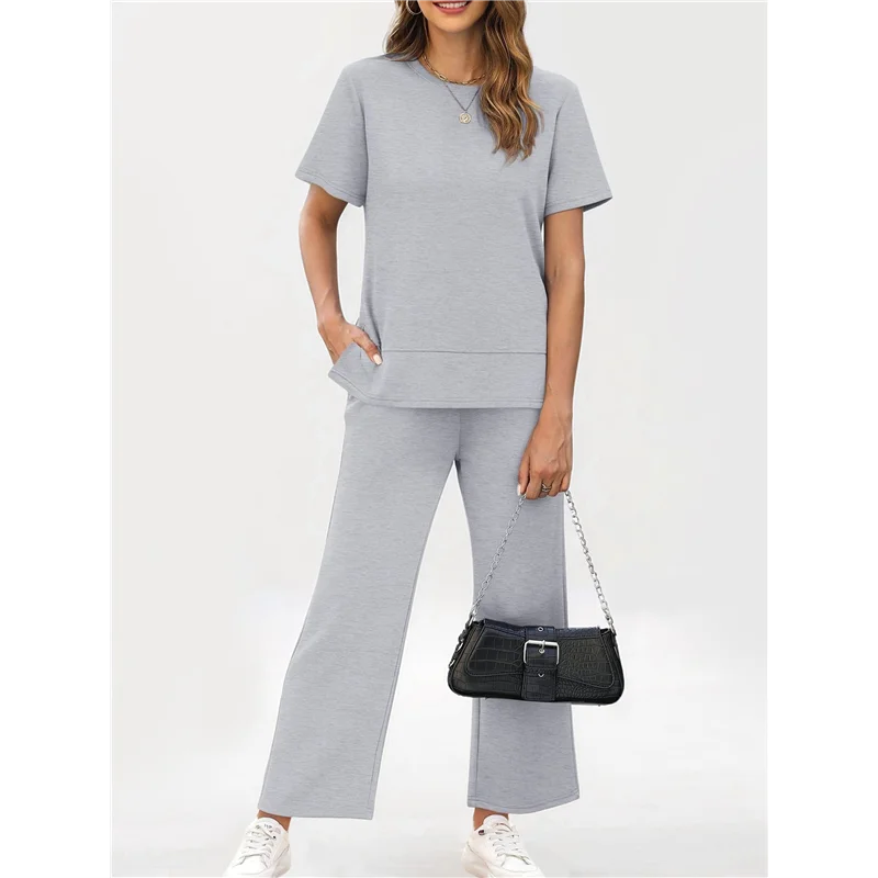 ABP-vêtements de maison deux pièces pour femmes, vêtements de sport décontractés à manches courtes, vêtements de sport, pantalons à jambes larges