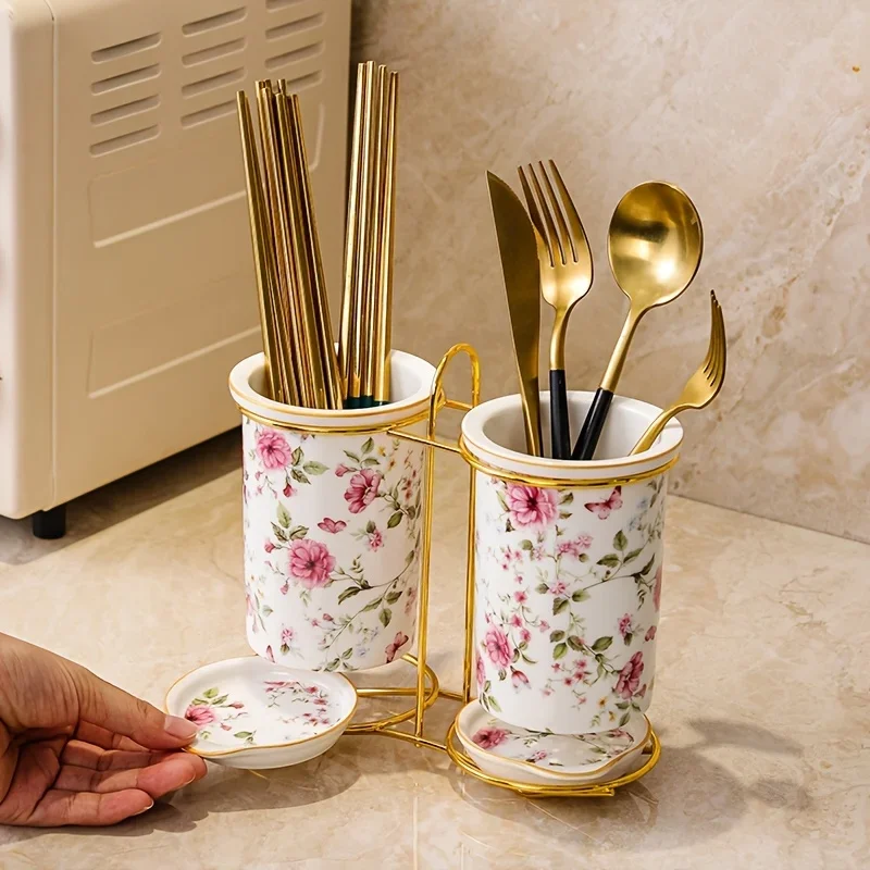 Ceramic Dish Rack Affordable Luxury Style Storage Shelf Golden threaded Small Floral Storage Jar with Metal Stand Draining Tray
