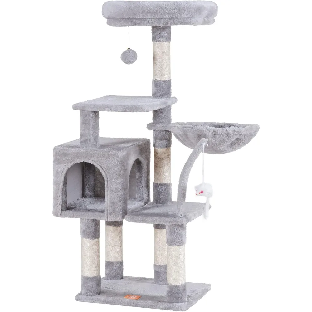 

Cat Tree with Toys, Cat Tower Apartment, Cat House with Soft Cushioned Plush Perch, Comfortable Hammock and Sisal Grab Post