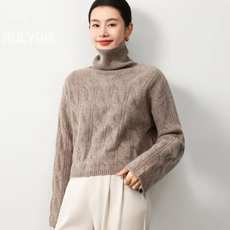 Women's Clothing 100% Wool Beige Sweater Turtleneck Loose Casual Jumpers Pullover Soft Short Outerwears Winter Thicked