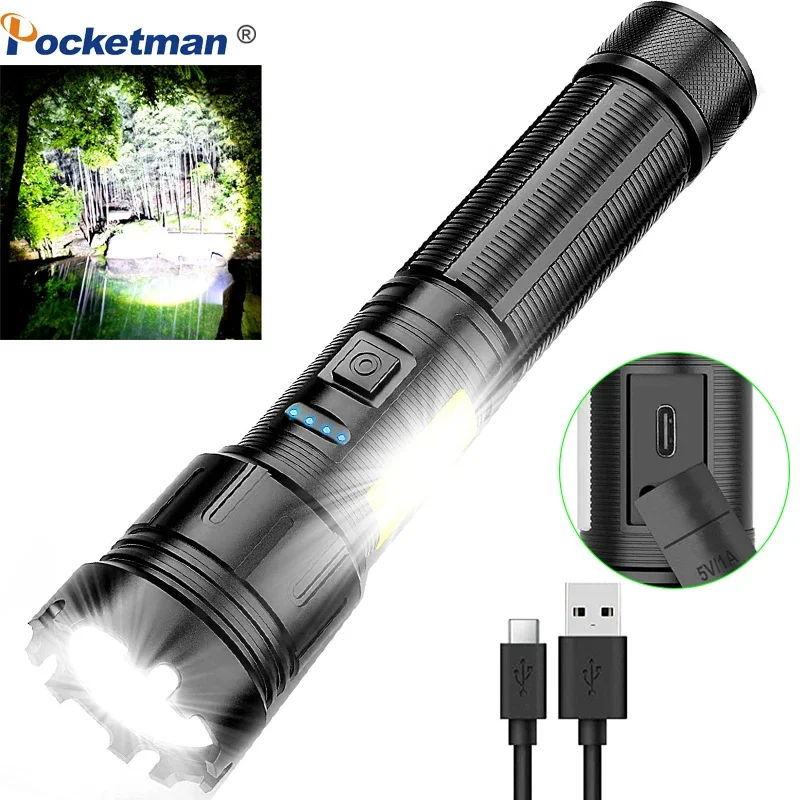 

High Power Super Bright LED Flashlight Tactical Aluminium Alloy Torch with COB Side Lights USB Rechargeable Flashlights New