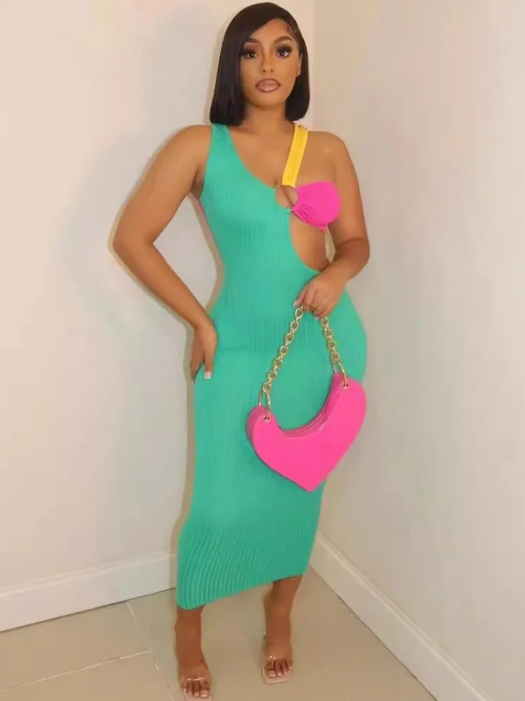 2025年夏ファッション セクシーでエレガントなパーティー、プロム、ホリデー、旅行に最適な女性用マルチカラースリムノースリーブミディ丈ワンピース（スリーシスターズ）