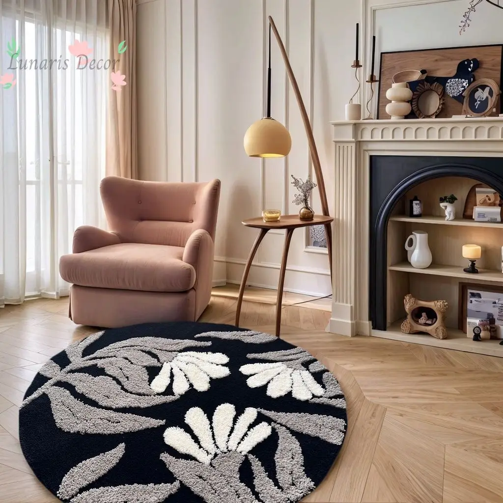 Bedroom Bedside Black Gray White Floral Pattern Round Carpet Flocking Carpet Stain Resistant Mirror Chair
