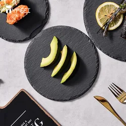 YMEEI Round Natural Black Stone Slate Western Steak Plates Slate Dinner Plate Kitchen Cheese Pizza For Home Food