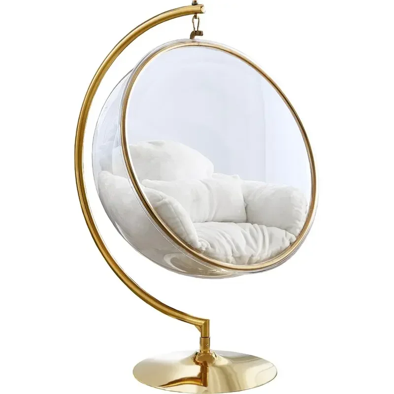 Golden Frame Transparent Hanging Chairs Swing Floor Stand Acrylic Bubble For Living Room Bedroom