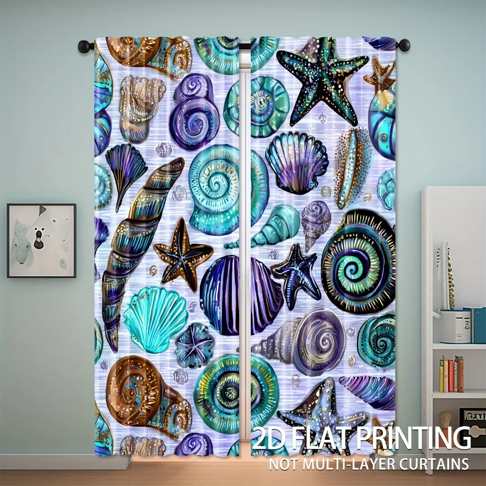 Original marine pattern of shell starfish Print Drapes Room Darkening Window Curtains Home Decor,Rod Pocket Blackout Curtains