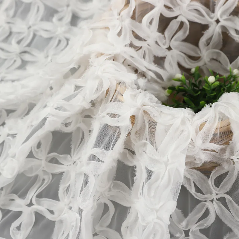 

Pure cotton base fabric hollow weave wedding dress fabric, tulle ribbon 3D four-leaf clover embroidered lace fabric