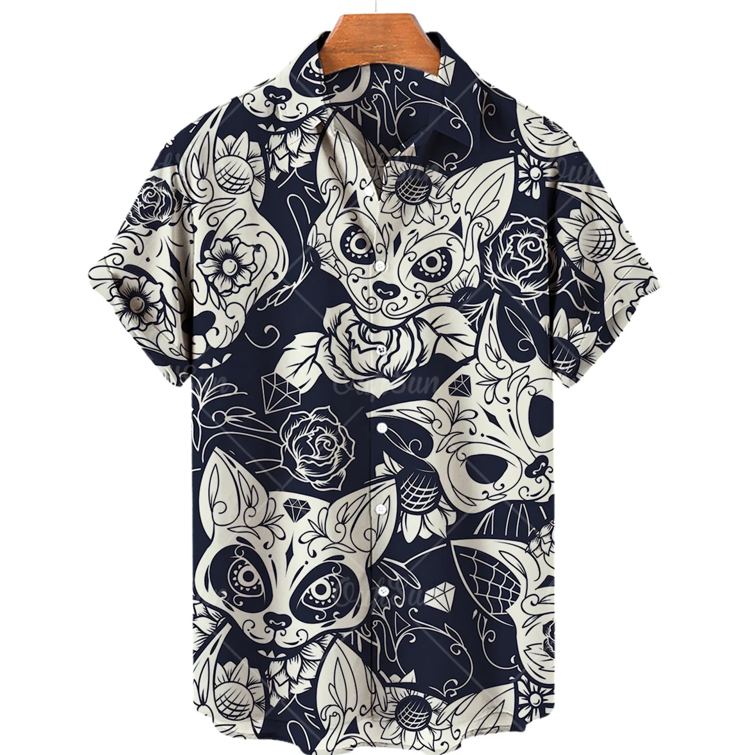 New Cute Cat Print Shirt Men Hawaiian Shirt Summer Casual Top Large Size Loose Simple Shirt Women Single Breasted Button Top 5xl