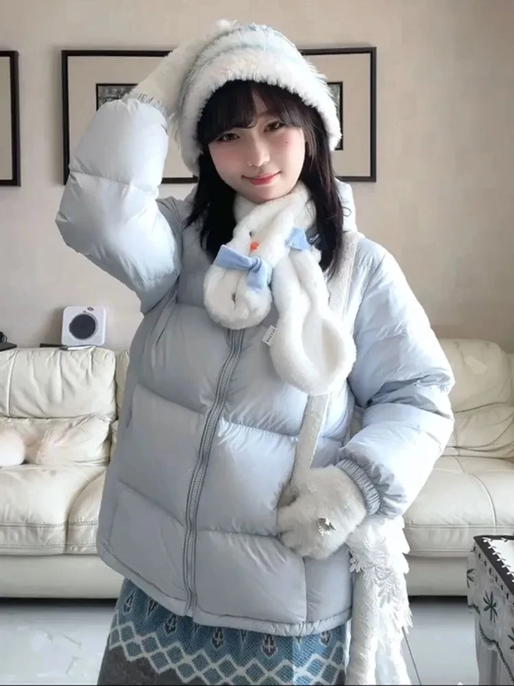 

Zoki Winter Cute Pink Puffy Parkas Women Warm Thick Long Sleeve Sweet Cotton Coat Casual Stand Collar Preppy Style Korean Jacket