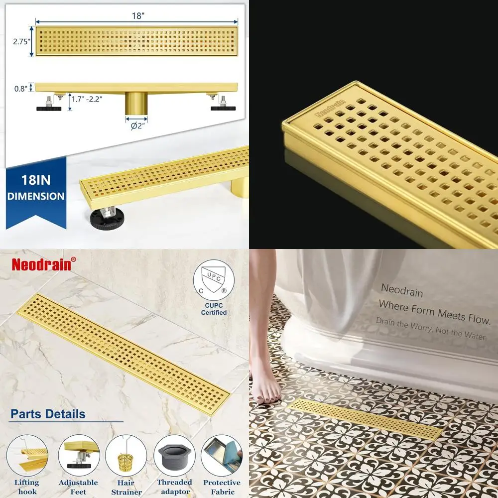 18-Inch Brushed Brass Linear Shower Drain with Removable Grate, 304 Stainless Steel Gold Recessed Shower Floor Drain with Hair S